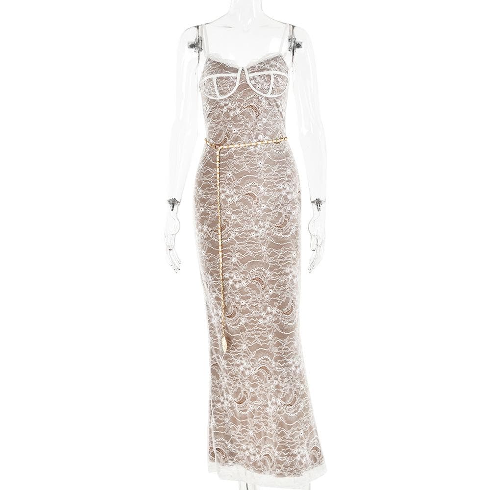 Lace contrast zip-up backless slit cami maxi dress 4