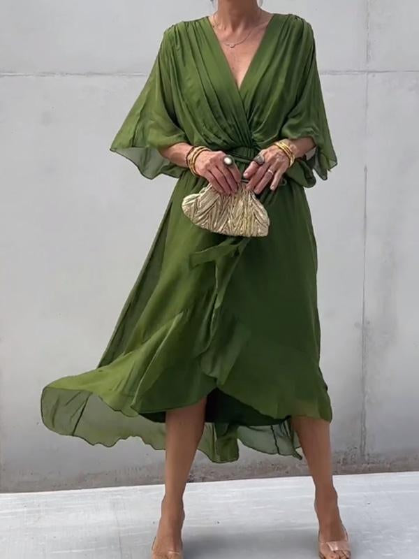 Chiffon Deep V-Neck Batwing Wrap Midi Dress 3
