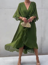 Chiffon Deep V-Neck Batwing Wrap Midi Dress 3
