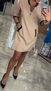 V-Neck Zip Contrast Trim Pocket Shift Mini Dress