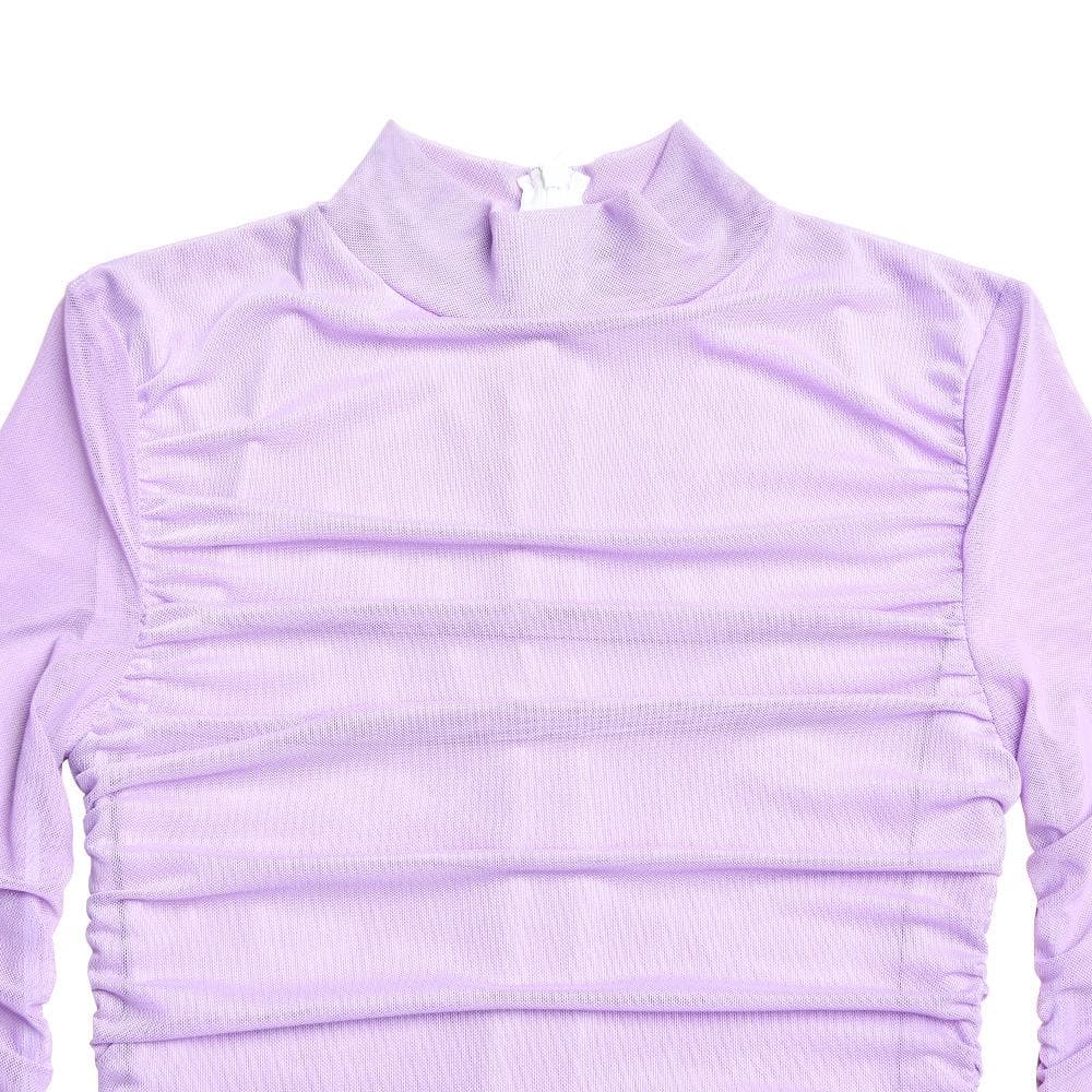 Mesh ruched zip-up long sleeve solid high neck mini dress 9