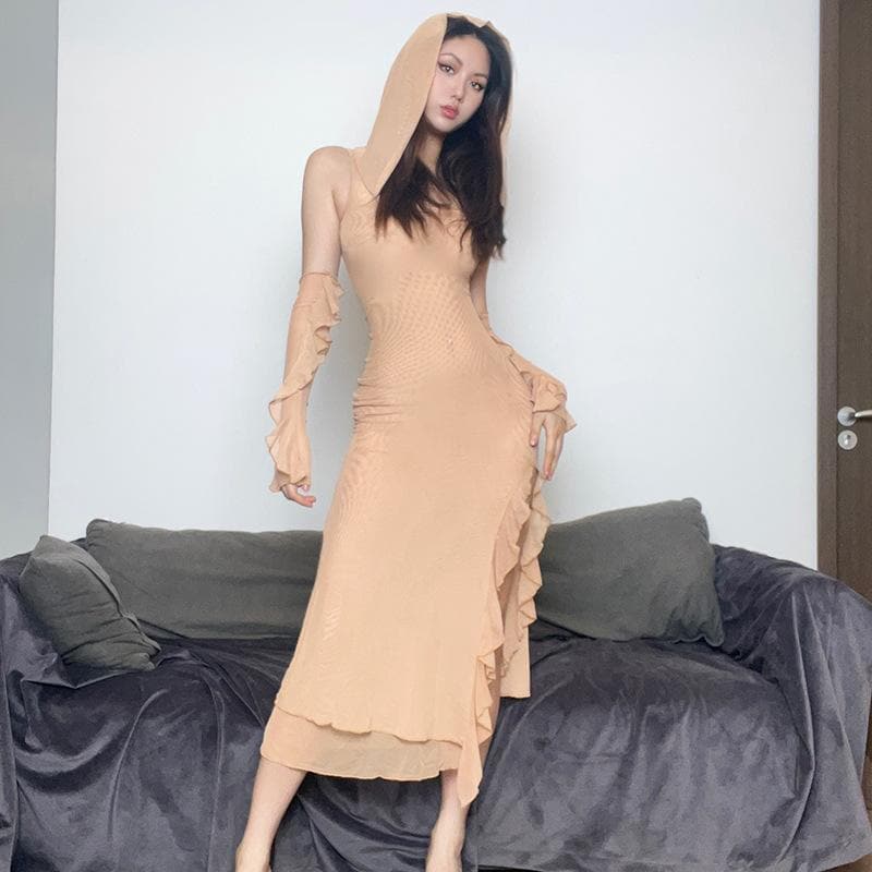 Sleeveless solid mesh slit gloves hoodie midi dress 8