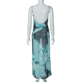 Slit chiffon tie dye contrast backless cowl neck cami maxi dress 4