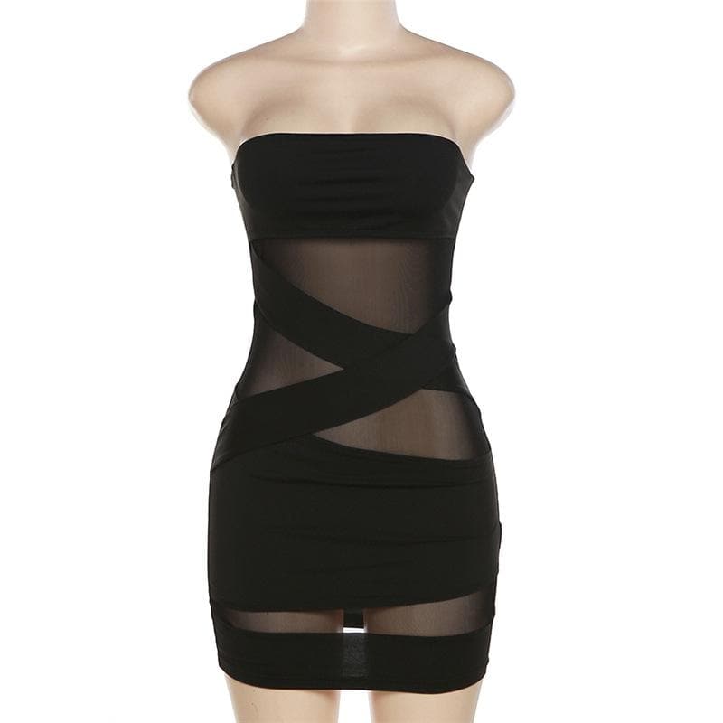 Cross front solid mesh backless patchwork tube mini dress 8