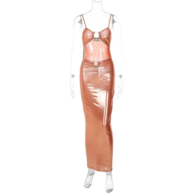 Hollow out metallic ruched backless metal applique cami maxi dress 8