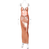 Hollow out metallic ruched backless metal applique cami maxi dress 8