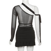 Ruffle contrast buckle one shoulder irregular ruched mesh mini dress 4