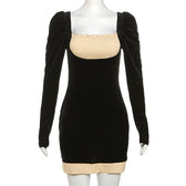 Smocked patchwork ruched contrast long sleeve velvet mini dress 2