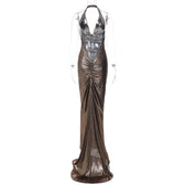 Metallic Cowl Neck Ruched Halter Backless Maxi Dress 11
