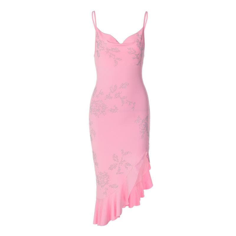 Beaded ruffle slit cowl neck backless irregular cami mini dress 2