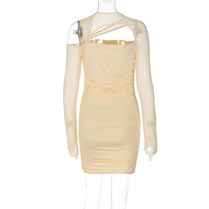 Ruched irregular mesh hollow out long sleeve mini dress 3
