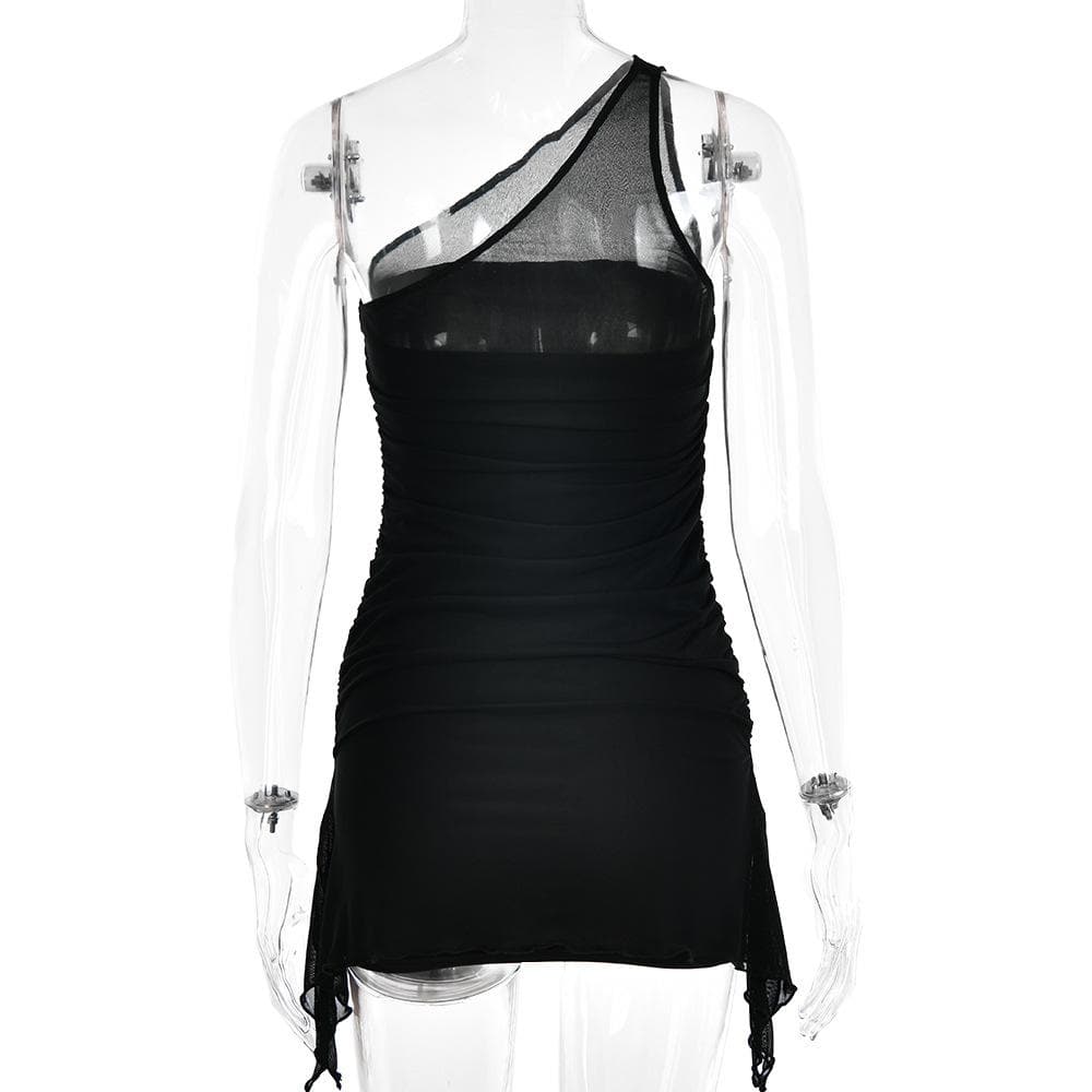 Solid one shoulder mesh patchwork ruffle ruched zip-up mini dress 5