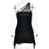 Solid one shoulder mesh patchwork ruffle ruched zip-up mini dress 5