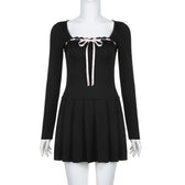 Lace hem square neck contrast long sleeve pleated mini dress 9