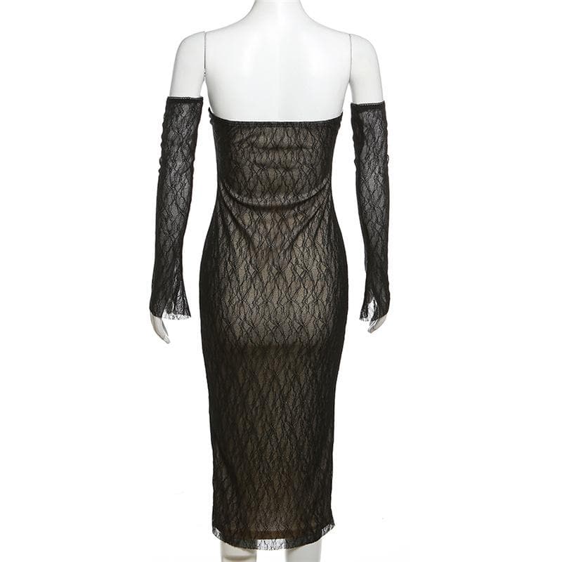 Lace gloves sweetheart neck backless tube midi dress 5