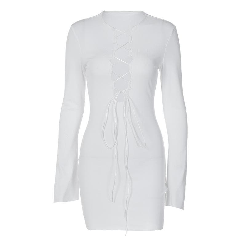 Lace up solid long sleeve ribbed self tie mini dress 3