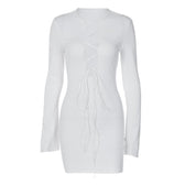 Lace up solid long sleeve ribbed self tie mini dress 3