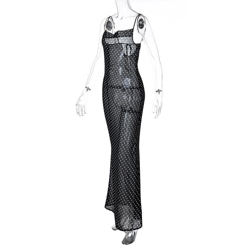 Cowl neck polka dot mesh see through maxi dress 3