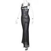 Cowl neck polka dot mesh see through maxi dress 3