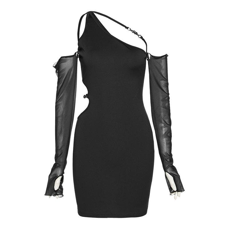 Long mesh sleeve off shoulder hollow out irregular dress 2