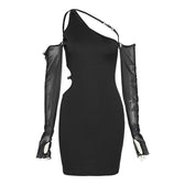 Long mesh sleeve off shoulder hollow out irregular dress 2