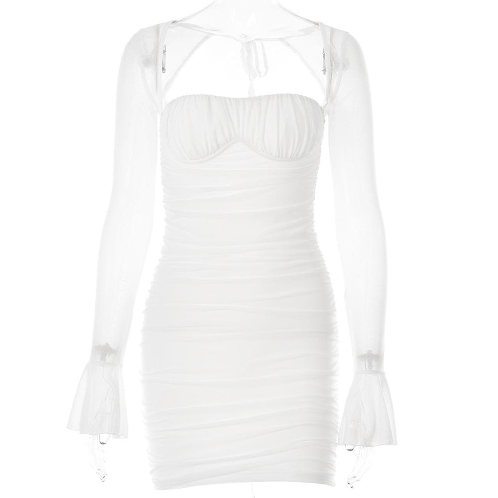Mesh flared sleeve solid ruched zip-up lace up mini dress 3