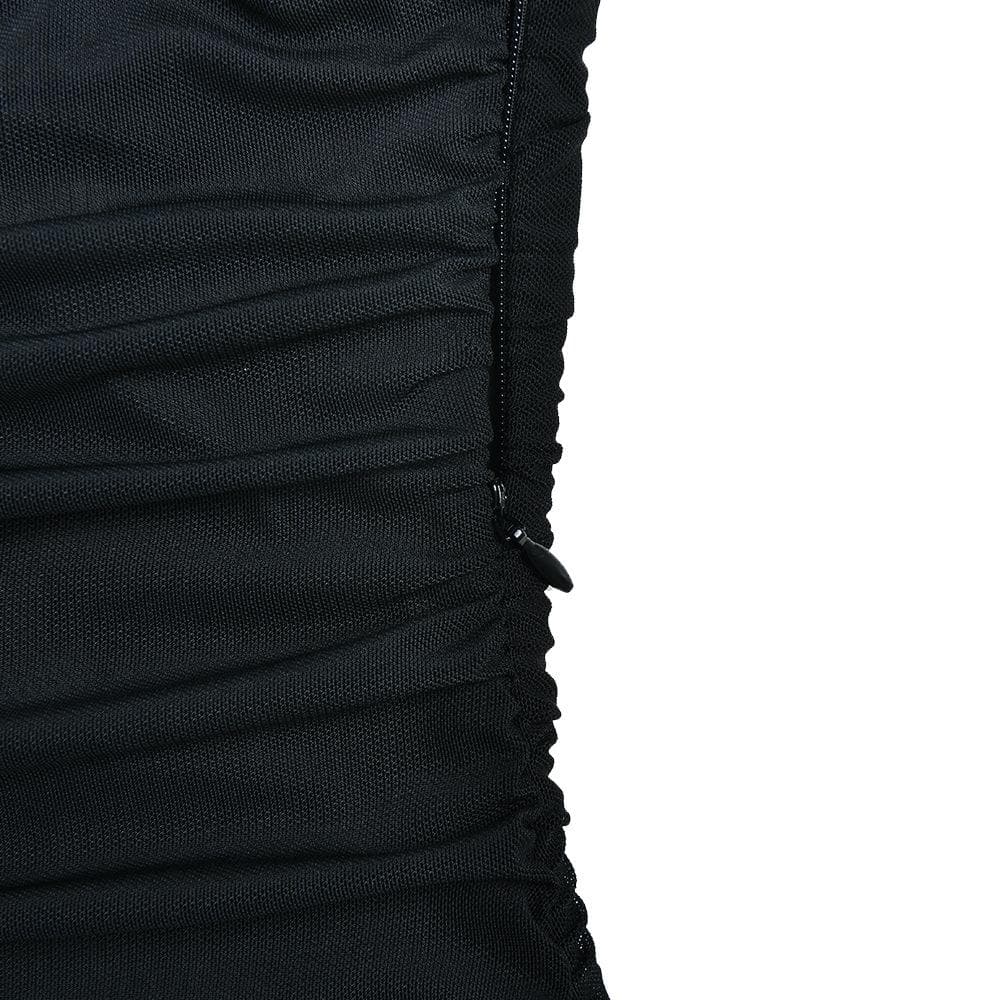 Solid one shoulder mesh patchwork ruffle ruched zip-up mini dress 6