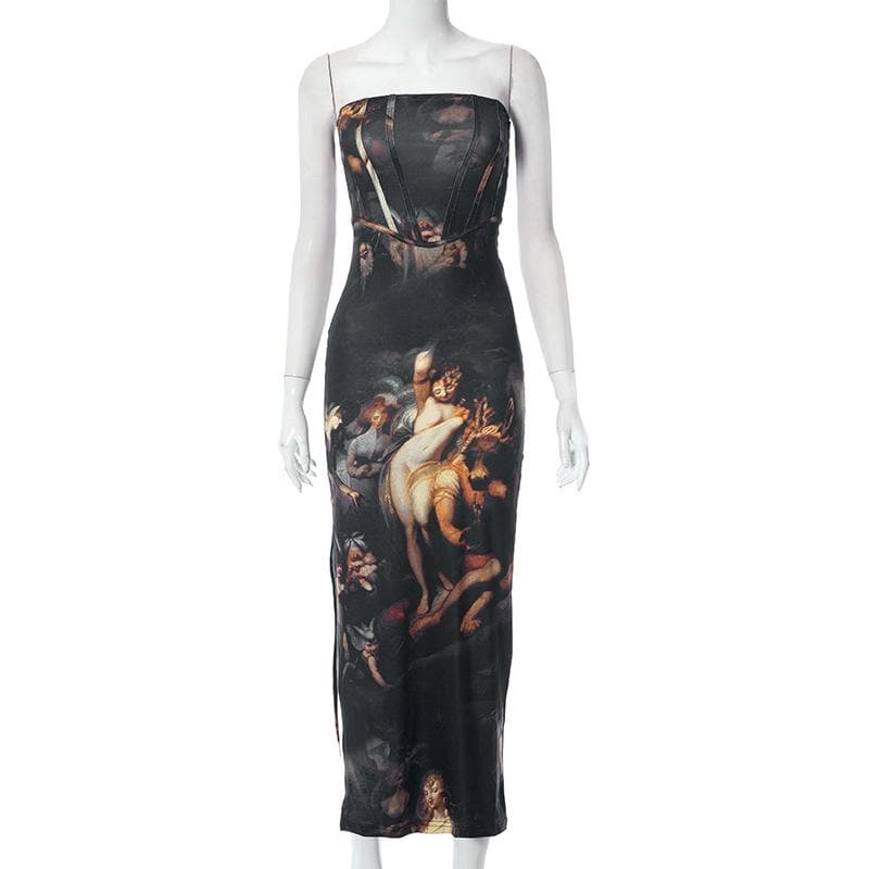 Slit abstract contrast bustier backless tube maxi dress 8