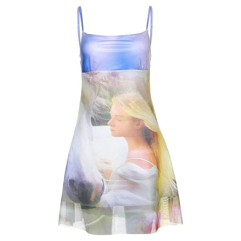 Mesh contrast abstract print backless cami dress 2