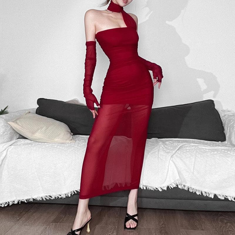 Mesh gloves ruched halter solid slit backless maxi dress 3