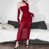 Mesh gloves ruched halter solid slit backless maxi dress 3