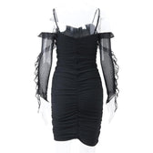 Solid ruched backless ruffle mesh mini dress 6