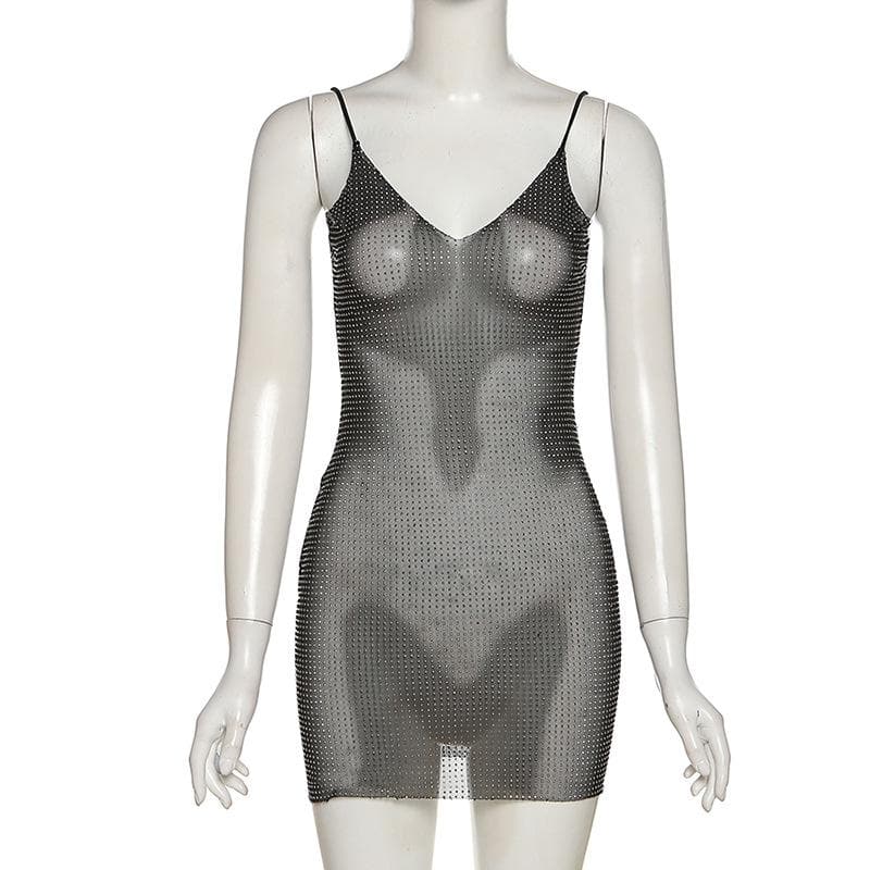 Sheer Mesh Rhinestone Studded V-Neck Cami Bodycon Mini Dress 7