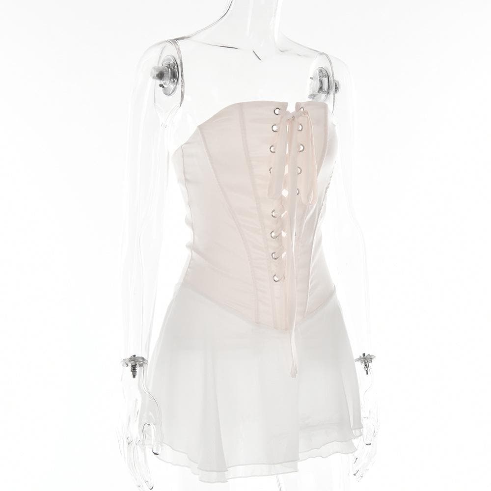 Strapless Satin Lace Up Corset Chiffon Ruffle Skirt Mini Dress 3