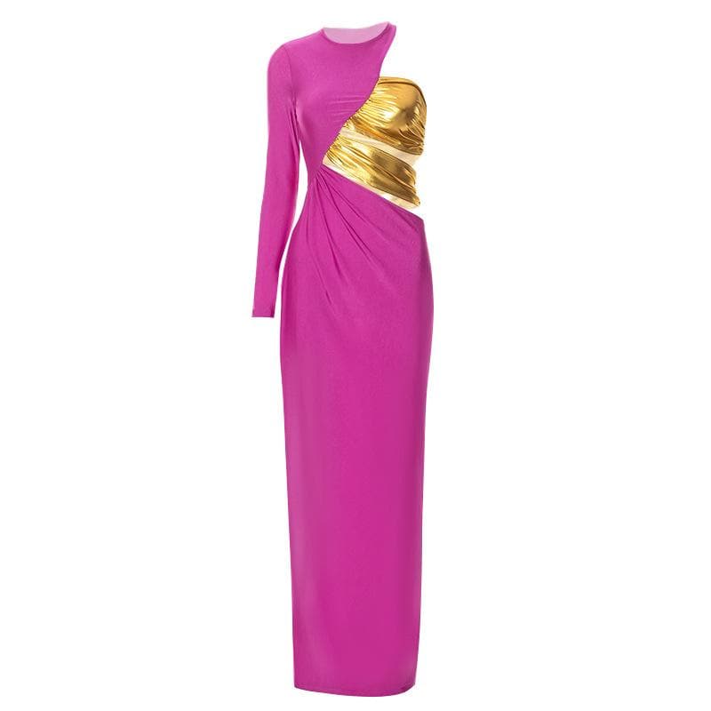 One Shoulder Long Sleeve Metallic Ruched Panel Cut Out Maxi Dress