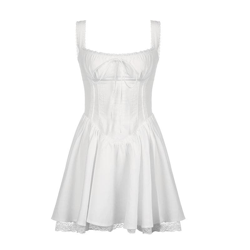 Square Neck Bow Front Corset Bodice Lace Trim Hem Skater Mini Dress