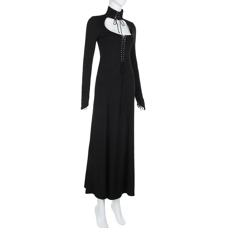 Lace up hollow out solid long sleeve maxi dress 8