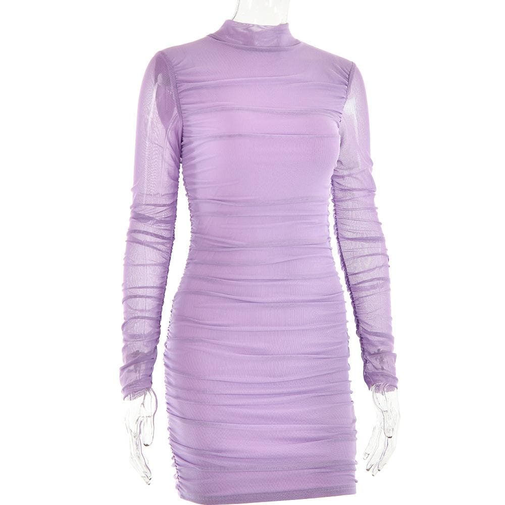Mesh ruched zip-up long sleeve solid high neck mini dress 3