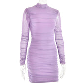 Mesh ruched zip-up long sleeve solid high neck mini dress 3