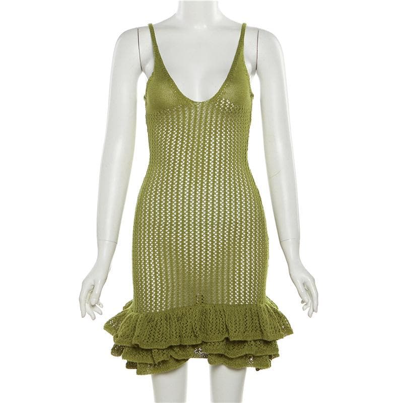 Crochet v neck sleeveless hollow out ruffle mini dress 3