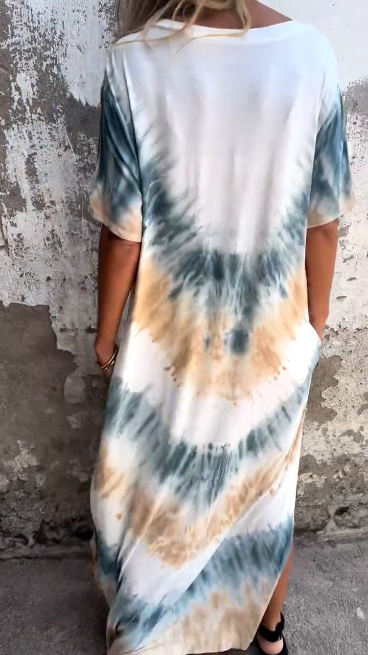 Tie Dye V-Neck Short Sleeve Pocket Maxi Dress 2
