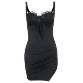 Ruched solid sleeveless lace slit self tie backless mini dress 2