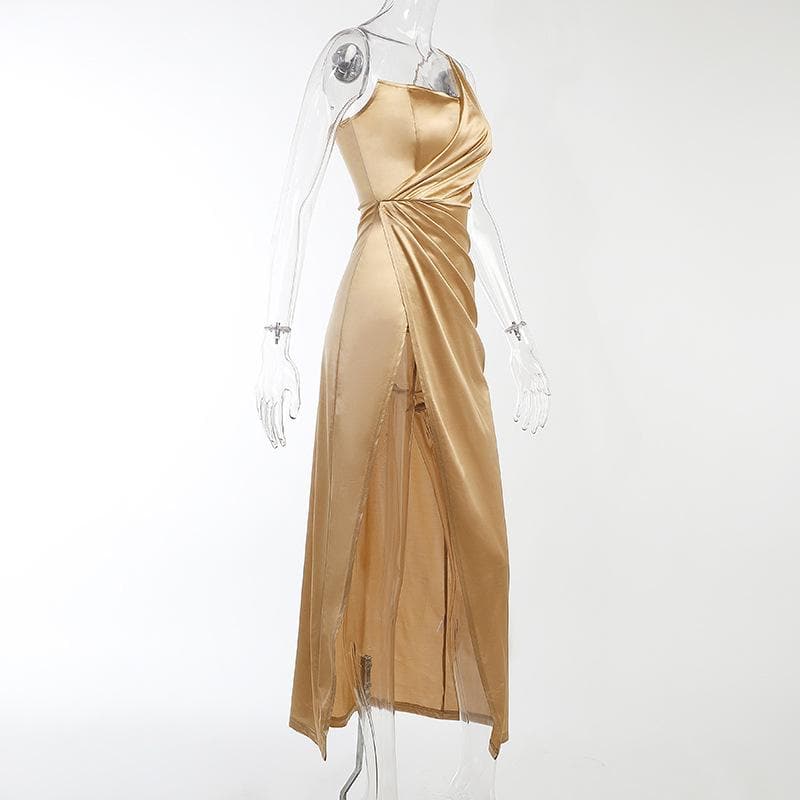 Sleeveless solid satin slit one shoulder ruched backless midi dress 3