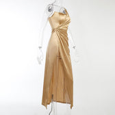 Sleeveless solid satin slit one shoulder ruched backless midi dress 3