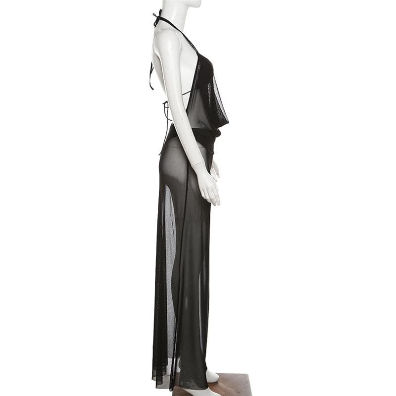 Sheer Mesh Cowl Neck Halter Backless Maxi Cover Up Dress 3