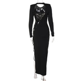 Lace up irregular long sleeve hollow out backless maxi dress 3
