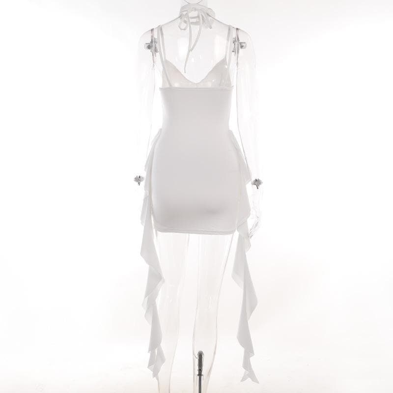 Ruched solid v neck ruffle flower applique cami mini dress