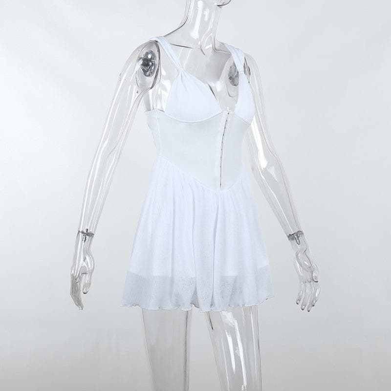 Deep V-Neck Knot Strap Hook Front Corset Waist Flared Mini Dress 4