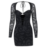 Mesh self tie long sleeve solid lace up mini dress 2