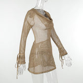 Crochet see through cowl neck long sleeve hollow out mini dress 7